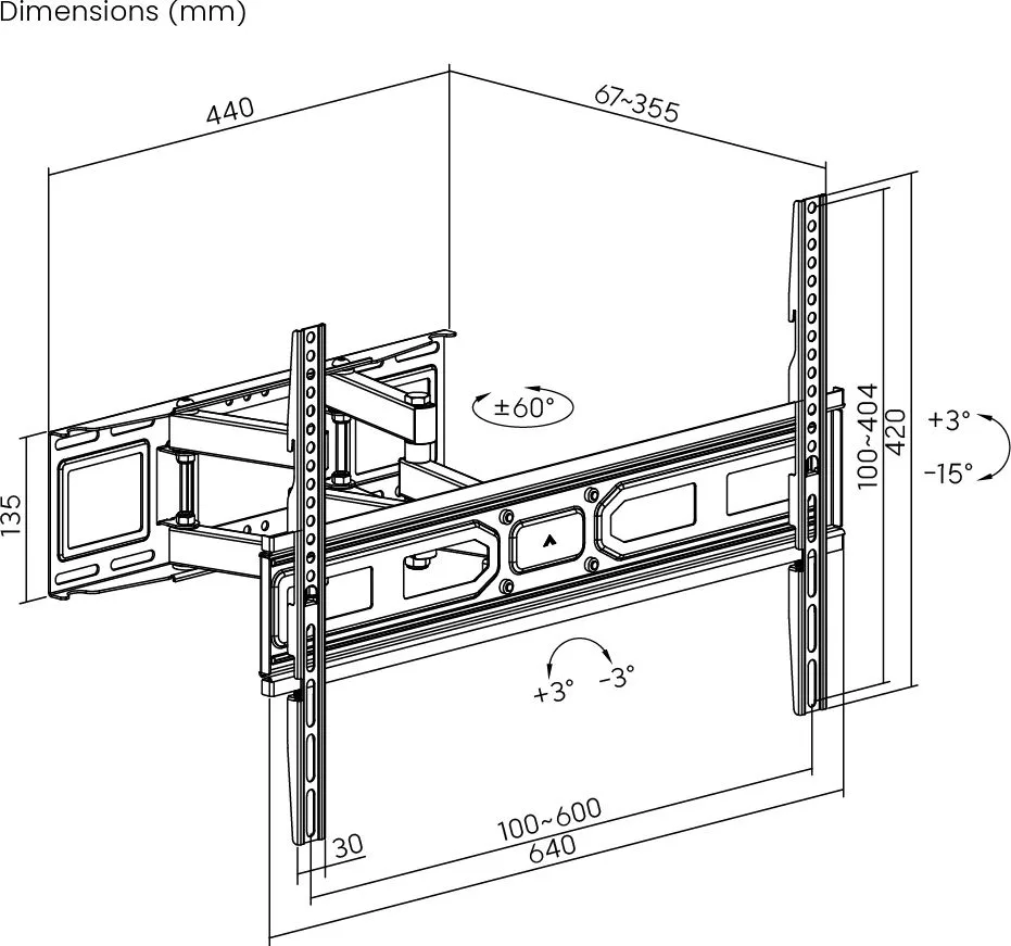 POWERTECH επιτοίχια βάση τηλεόρασης PT-1130, 37-80", έως 40kg, full motion — εικόνα 5