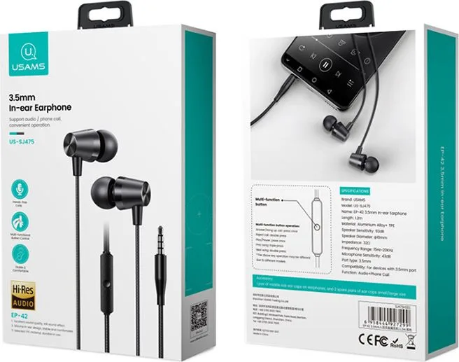 USAMS earphones με μικρόφωνο EP-42, 3.5mm σύνδεση, Φ10mm, 1.2m, μαύρα — εικόνα 4