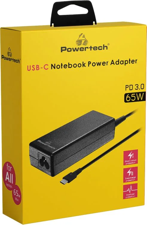 POWERTECH φορτιστής laptop PT-1319, USB-C PD 3.0, universal, 65W, μαύρος — εικόνα 2