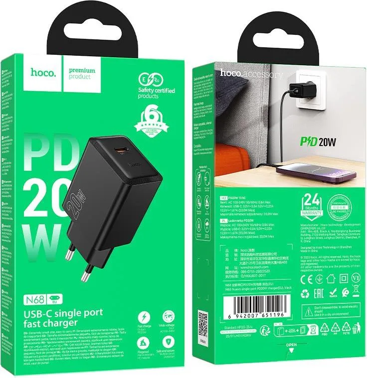 HOCO N68 Nuevo φορτιστής PD20W, 1 θύρα, Type-C, μαύρο — εικόνα 3