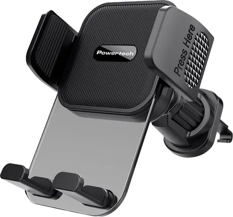 Βάση smartphone αυτοκινήτου Powertech PT-1239 σε πλάγια όψη με μαύρο σώμα, ασημί περιοχή κράτησης και προσαρμοστή αεραγωγού