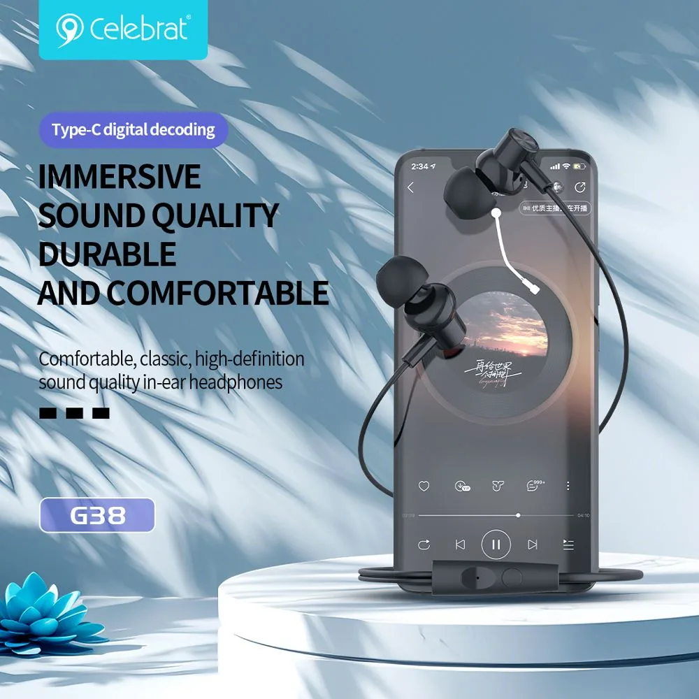 CELEBRAT earphones με μικρόφωνο G38, USB-C σύνδεση, 10mm, 1.2m, λευκά — εικόνα 3