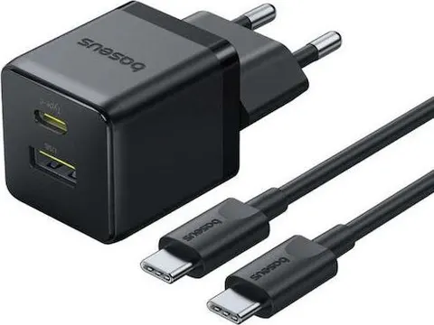 BASEUS Palm φορτιστής ΓΡΗΓΟΡΗΣ φόρτισης, 2 ΘΥΡΕΣ, με καλώδιο Type-C ΣΕ Type-C, 30W, ΜΑΥΡΟΣ