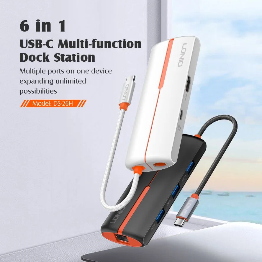 LDNIO docking station DS-26H, 6 θυρών, USB-C σύνδεση, 4K, 100W PD, λευκό — εικόνα 2