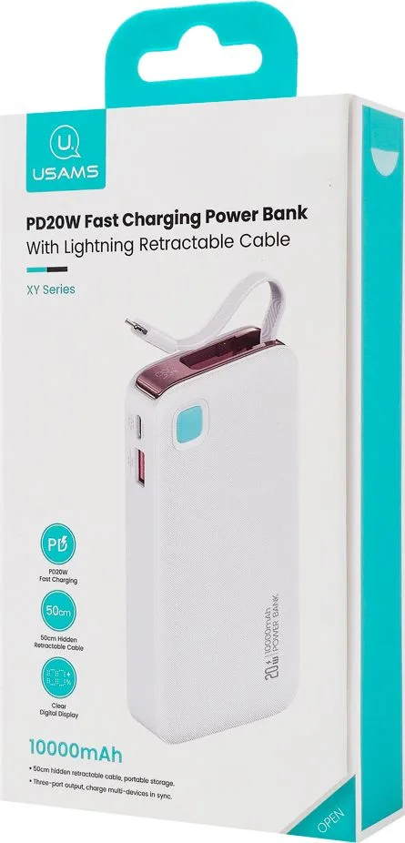 USAMS power bank CD225 με καλώδιο Lightning, 2x θύρες εξόδου, 10000mAh, 20W, λευκό — εικόνα 6