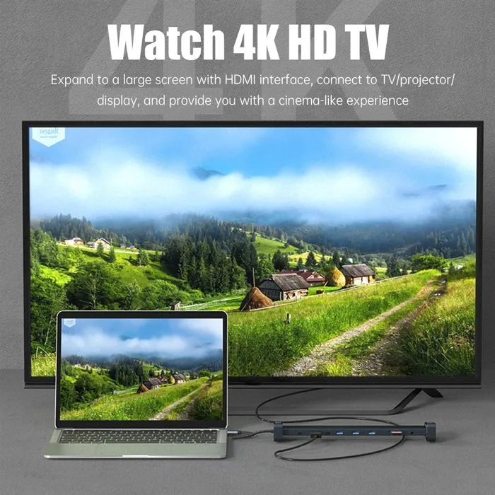 POWERTECH docking station PTR-0152, 10 θυρών, βάση laptop, USB-C, γκρι — εικόνα 6