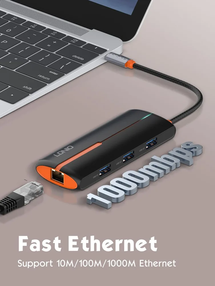 LDNIO USB hub DS-26U με θύρα δικτύου, 6 θυρών, USB-C σύνδεση, 100W PD, λευκό — εικόνα 4