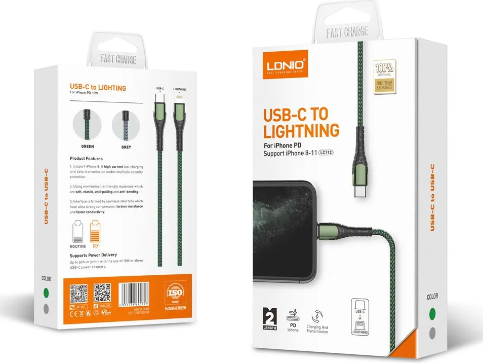LDNIO καλώδιο Lightning σε USB-C LC112, 30W PD, 2m, γκρι — εικόνα 6