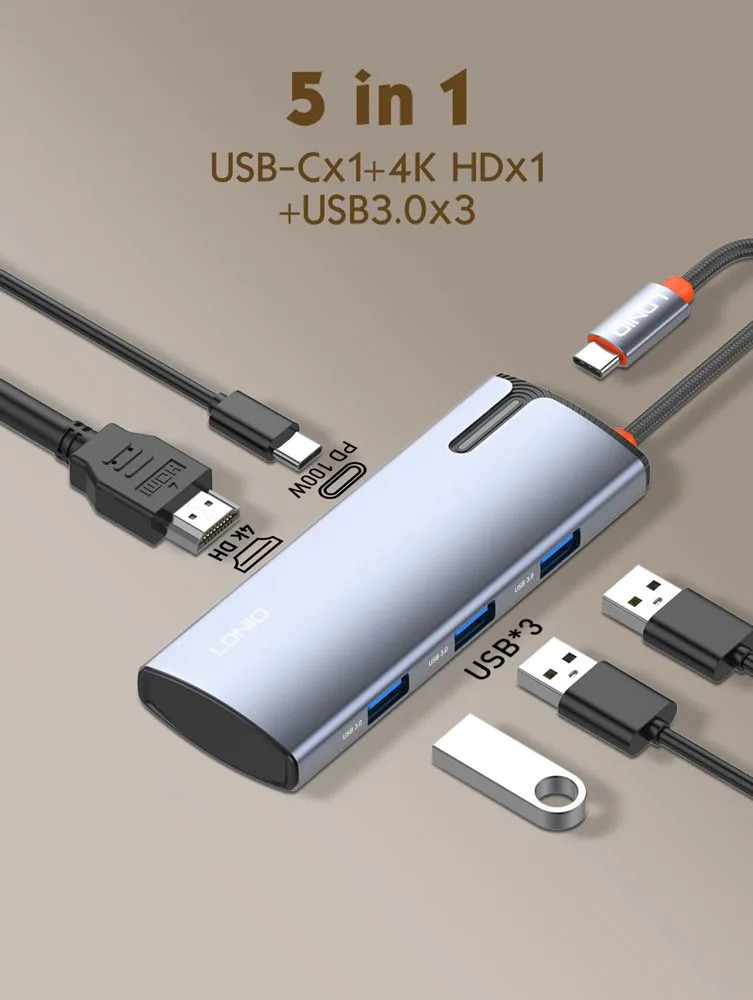LDNIO docking station DS-15H, 5 θυρών, USB-C σύνδεση, 4K, 100W PD, γκρι — εικόνα 7