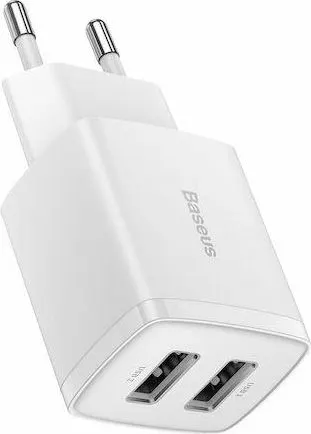 BASEUS Compact Charger 2U, φορτιστής τοίχου, 2 ΘΥΡΕΣ USB, 10.5W, ΛΕΥΚΟΣ