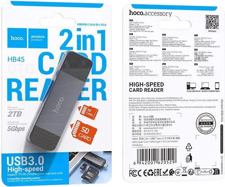 HOCO HB45 Spirit 2-IN-1 Card Reader(USB3.0-TYPEC3.0),γκρι — εικόνα 4