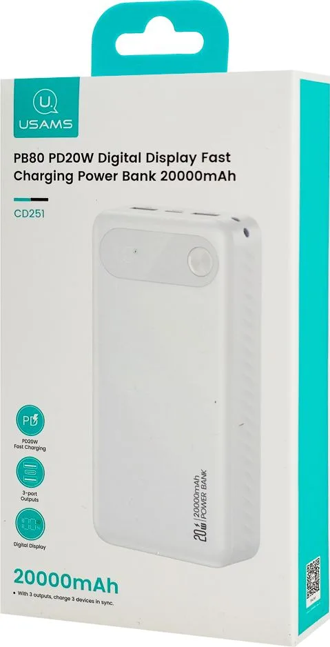 USAMS power bank CD251 με οθόνη, 3x θύρες εξόδου, 20000mAh, PD20W, λευκό — εικόνα 8