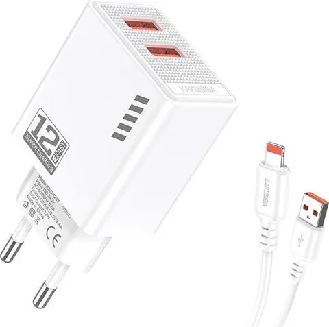 KAKUSIGA φορτιστής τοίχου KSC-1238 με καλώδιο Lightning, 2x USB, 12W, λευκός