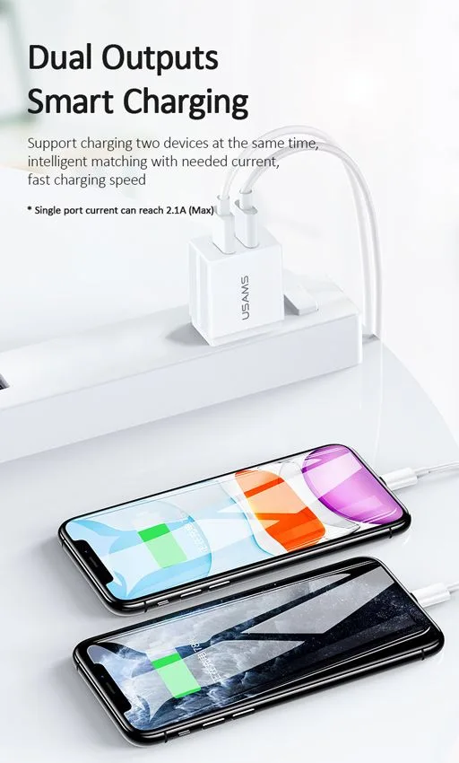 USAMS φορτιστής τοίχου T24 US-CC090, 2x USB, 2.1A, λευκός — εικόνα 3