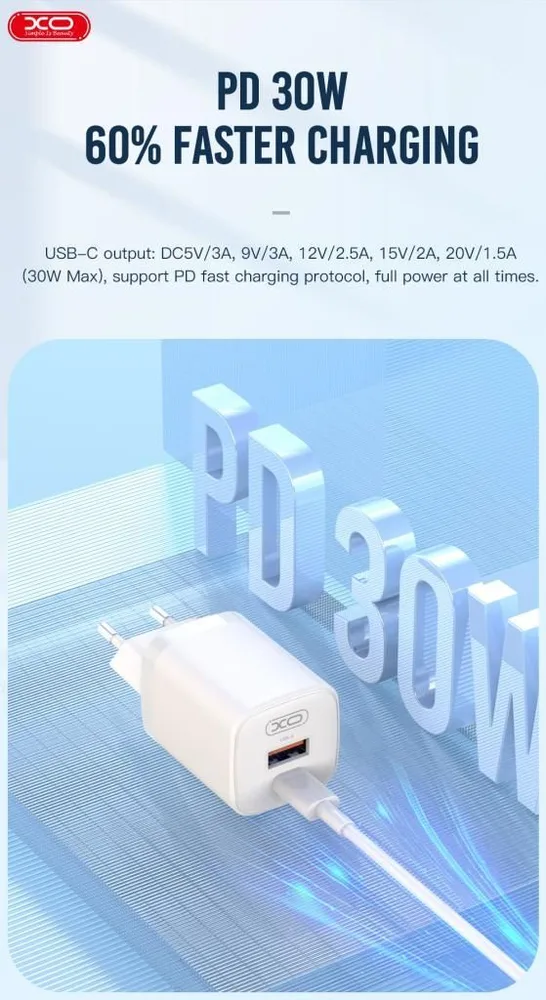 XO L96(EU) Quick Charger (PD30W / USB QC18W) με καλώδιο Lightning — εικόνα 2