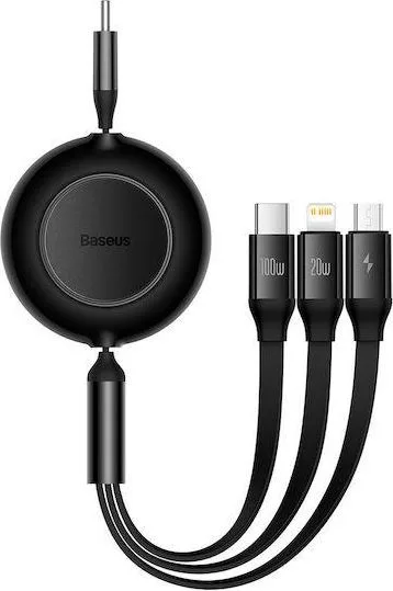 BASEUS Bright Mirror 2 Series, 3 ΣΕ 1, Retractable, Type-C + Micro USB + Lightning, 100w, 1.1m, μαύρο — εικόνα 2