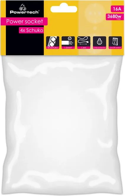 POWERTECH πολύπριζο ασφαλείας PT-1056, 4x schuko, 16A, 1.4m, λευκό — εικόνα 2