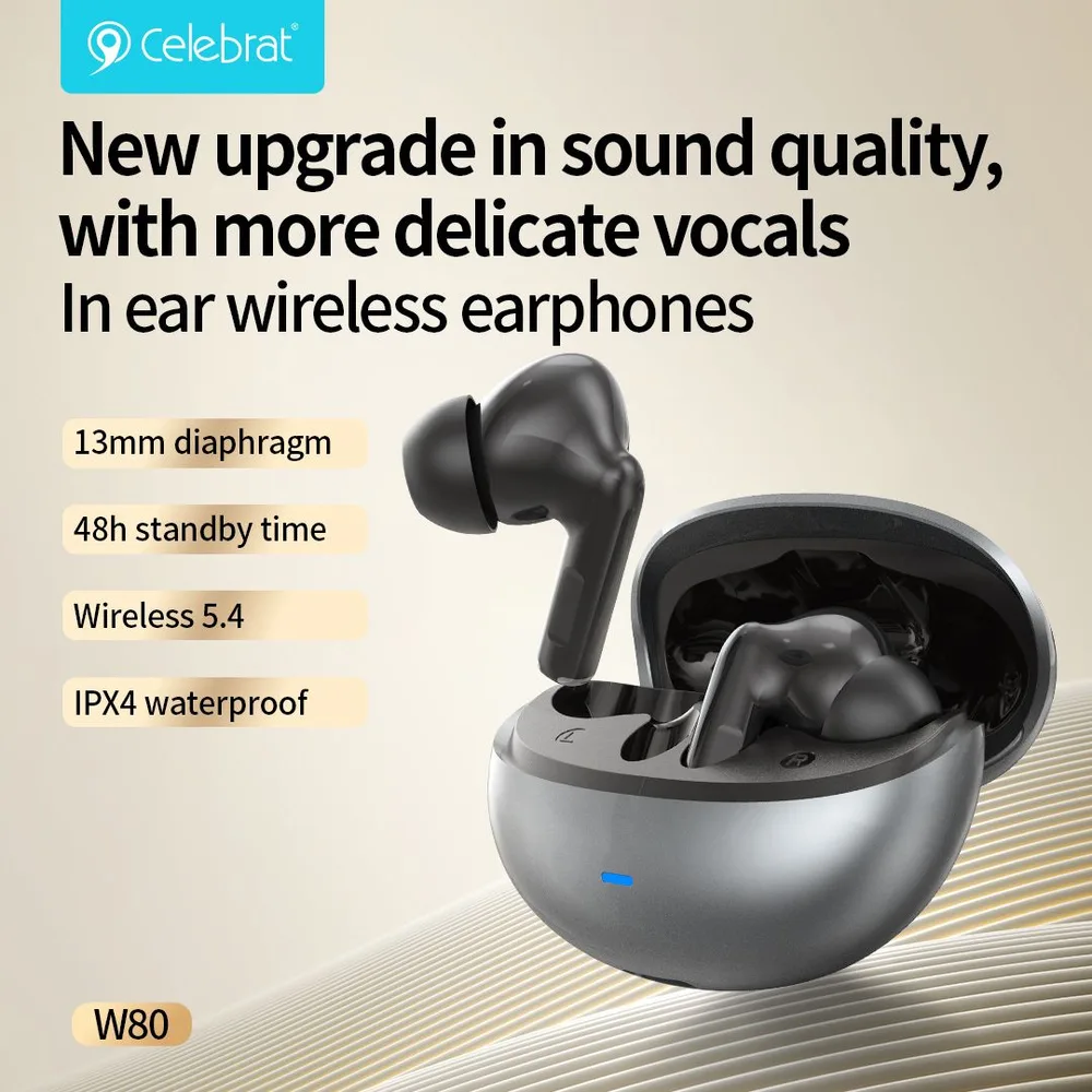 CELEBRAT earphones με θήκη φόρτισης W80, True Wireless, 13mm, 30/230mAh, γκρι — εικόνα 6