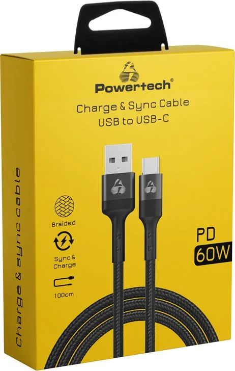 POWERTECH καλώδιο USB σε USB-C PTR-0128, PD 60W, copper, 1m, μαύρο — εικόνα 2