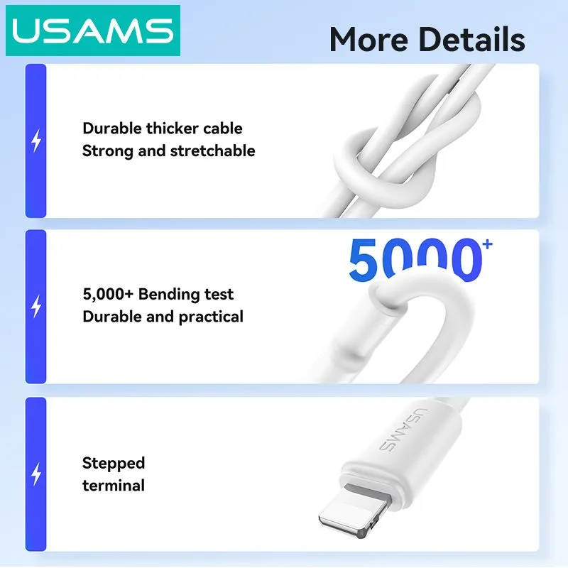 USAMS καλώδιο Lightning σε USB SJ762, 2.4A 12W, 480Mbps, 1m, λευκό — εικόνα 4