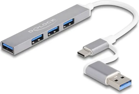 DELOCK USB hub 64214, 4x θυρών, 5Gbps, USB & USB-C σύνδεση, γκρι