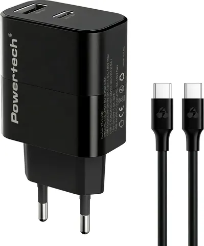 POWERTECH φορτιστής τοίχου PT-1638 με καλώδιο, USB/USB-C, 30W, GaN, μαύρος