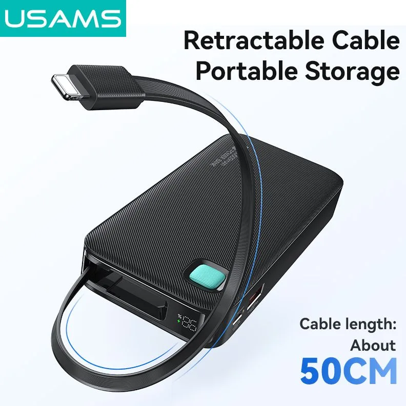 USAMS power bank CD225 με καλώδιο Lightning, 2x θύρες εξόδου, 10000mAh, 20W, μαύρο — εικόνα 3
