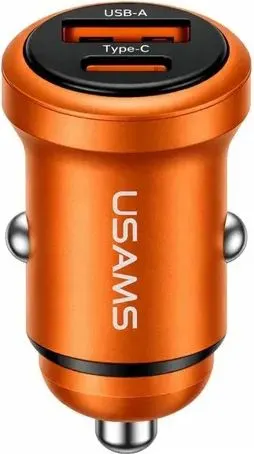 USAMS φορτιστής αυτοκινήτου CC322, USB & USB-C, 30W, πορτοκαλί