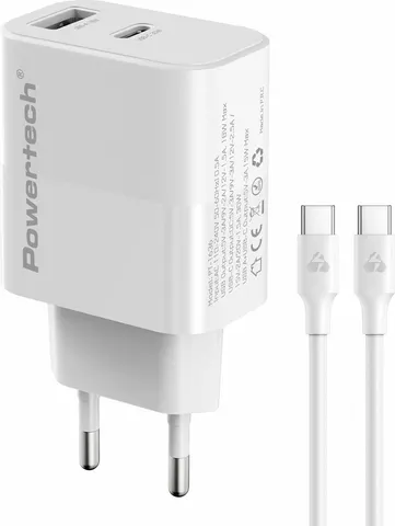 POWERTECH φορτιστής τοίχου PT-1636 με καλώδιο, USB/USB-C, 30W, GaN, λευκός
