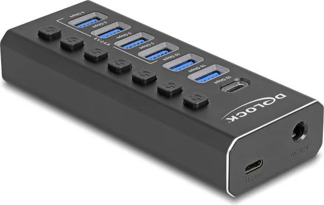 DELOCK USB hub 64326 με διακόπτες, 7x θυρών, 10Gbps, USB/USB-C σύνδεση, μαύρο — εικόνα 3