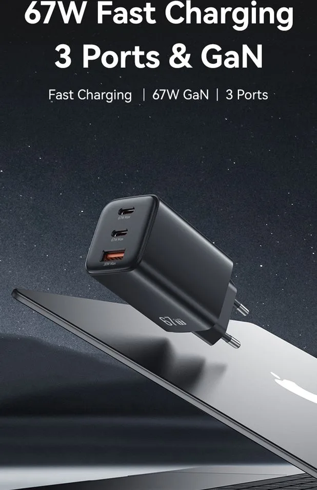 USAMS φορτιστής τοίχου CC265, USB & 2x USB-C, 67W, GaN, λευκός — εικόνα 2