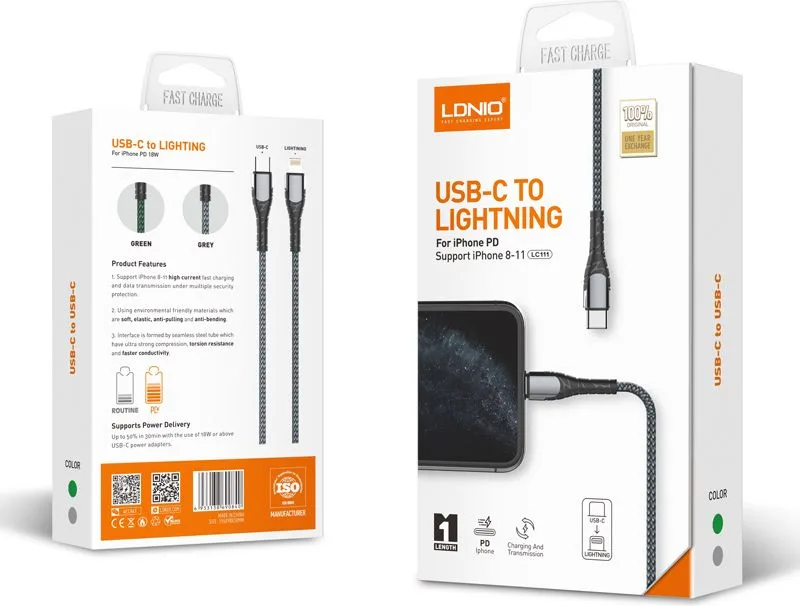 LDNIO καλώδιο Lightning σε USB-C LC111, 30W PD, 1m, γκρι — εικόνα 6