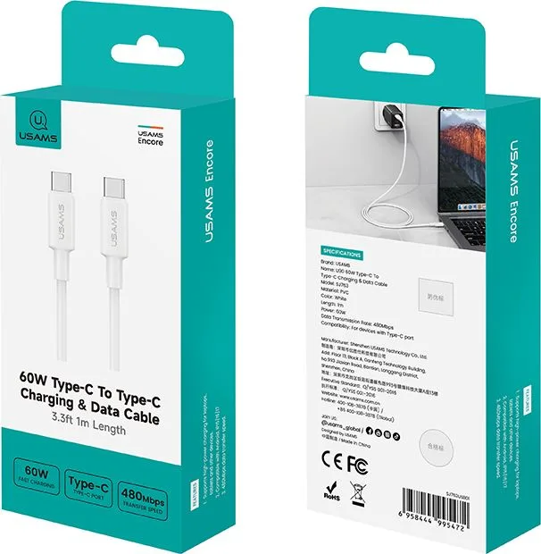 USAMS καλώδιο USB-C SJ763, 60W, 480Mbps, 1m, λευκό — εικόνα 6