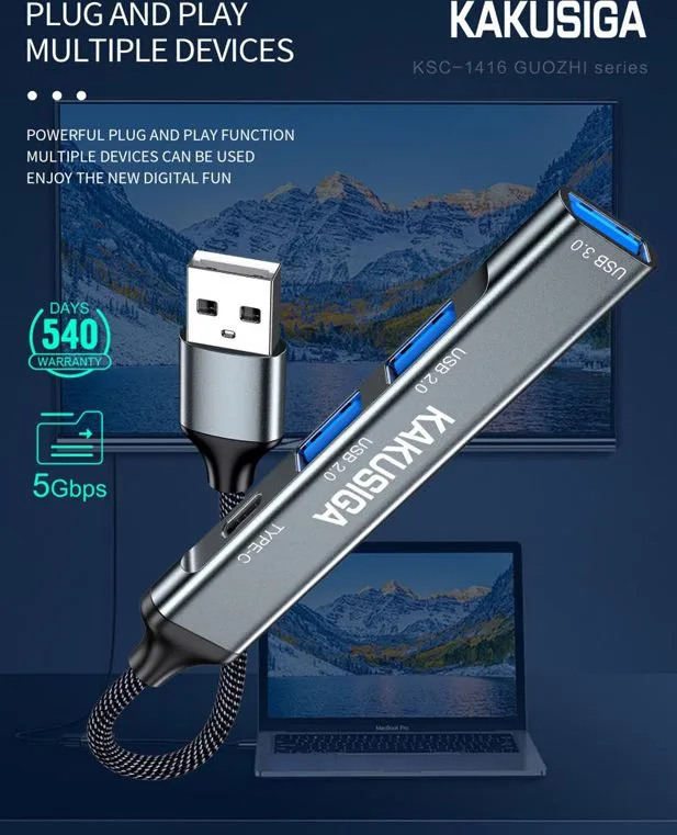 KAKUSIGA USB hub KSC-1416, 4x θυρών, USB 3.0, 5Gbps, USB σύνδεση, γκρι — εικόνα 3
