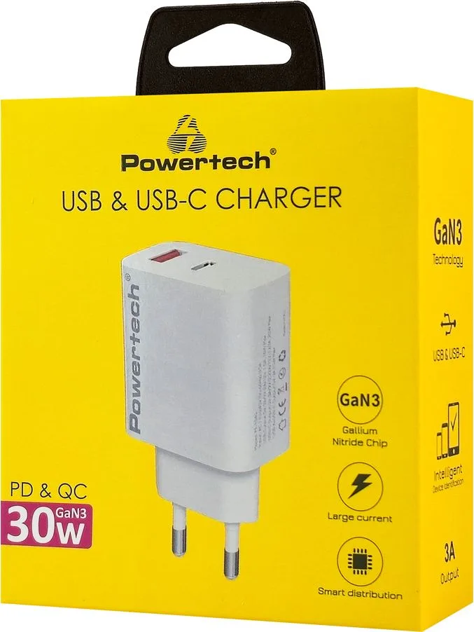 POWERTECH φορτιστής τοίχου PT-1433, USB/USB-C, 30W, GaN, λευκός — εικόνα 2