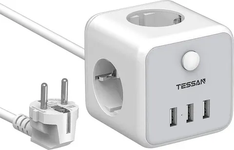 TESSAN TS301 πολύμπριζο 3 ΘΕΣΕΩΝ, 3 USB, Γκρι/λευκο