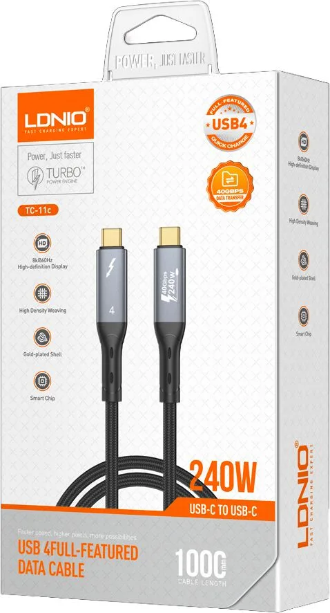 LDNIO καλώδιο USB-C TC-11c, 240W, 40Gbps, 8K/60Hz, 1m, μαύρο — εικόνα 6