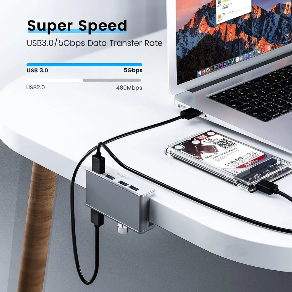 ORICO USB hub MH4PU-P με σφιγκτήρα, 4x θυρών, 5Gbps, USB σύνδεση, ασημί — εικόνα 2