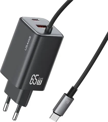 USAMS φορτιστής τοίχου CC266 με καλώδιο, USB & USB-C, 65W, GaN, μαύρος
