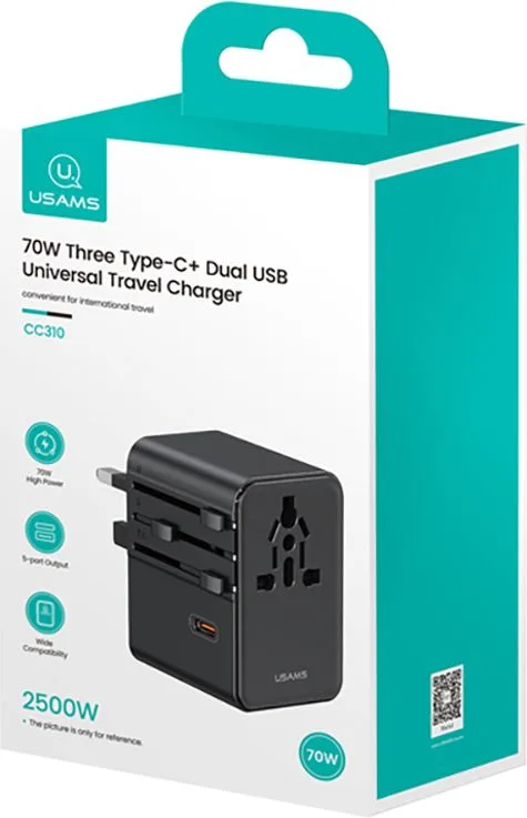 USAMS φορτιστής/αντάπτορας πρίζας CC310, 2x USB & 3x USB-C, universal, 70W, μαύρος — εικόνα 9
