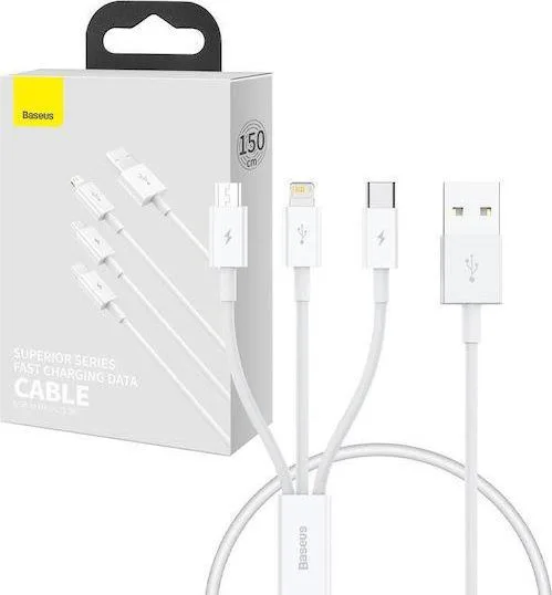 BASEUS Superior Series, καλώδιο ΓΡΗΓΟΡΗΣ φόρτισης, Lightning + Type-C + Micro, 0.5m, 3.5A, λευκό — εικόνα 2