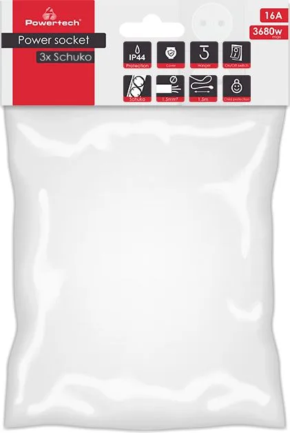 POWERTECH πολύπριζο PT-1070, 3x schuko, IP44, 16A, 1.5m, μαύρο — εικόνα 2