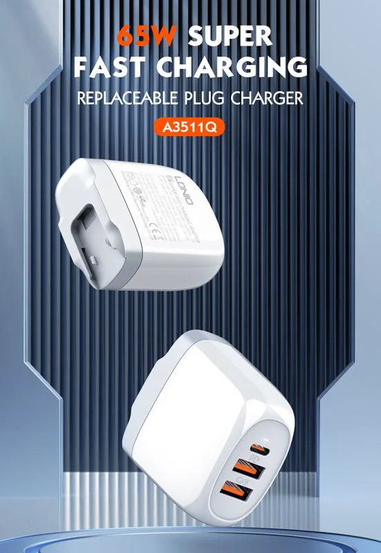 LDNIO φορτιστής τοίχου A3511Q με καλώδιο, USB-C/2x USB, 65W, GaN, λευκός — εικόνα 3