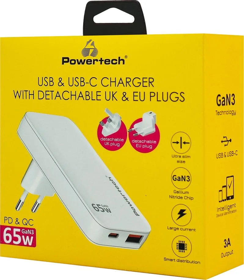 POWERTECH φορτιστής τοίχου PT-1532, EU/UK/CN βύσμα, USB/USB-C, 65W, GaN, λευκός — εικόνα 4