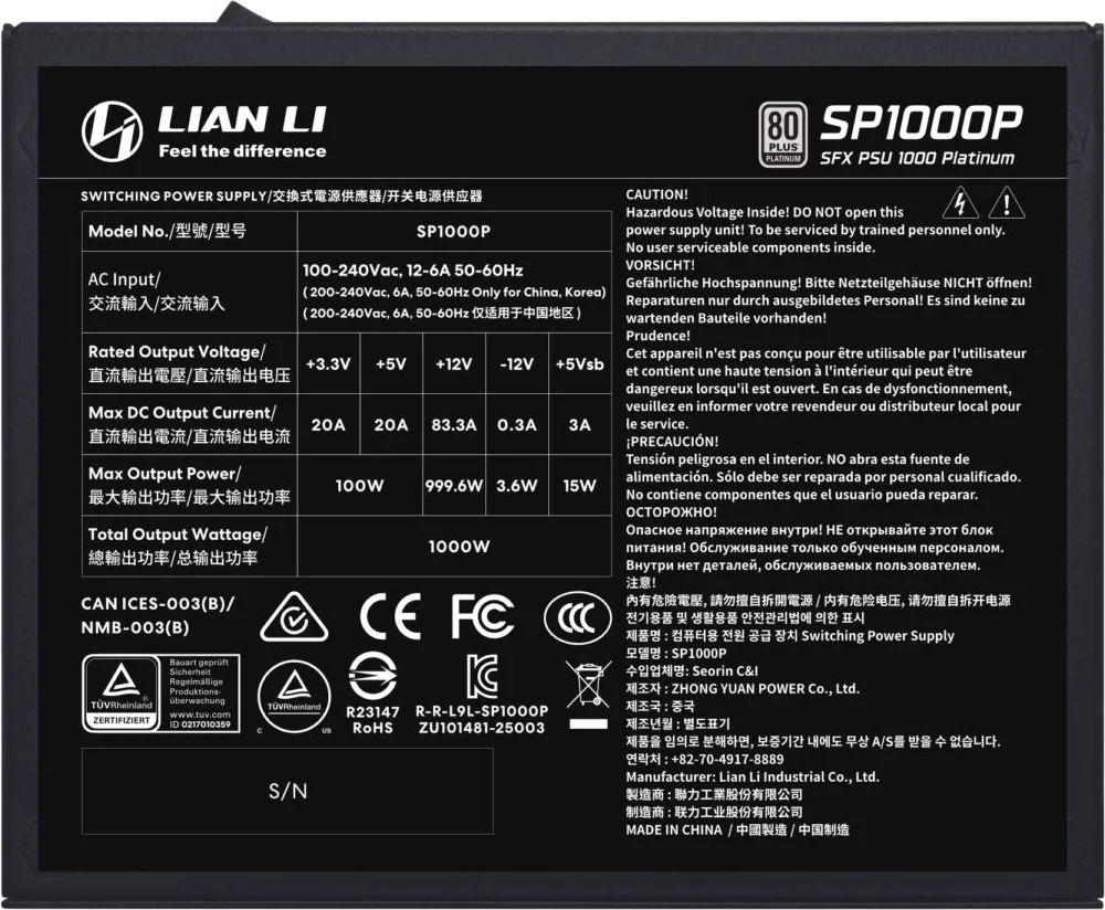 LIAN LI SP1000P Black -1000W 80+ Platinum PSU - 10 Years Warranty - 12V-2x6 - Japanese Capacitors — εικόνα 5