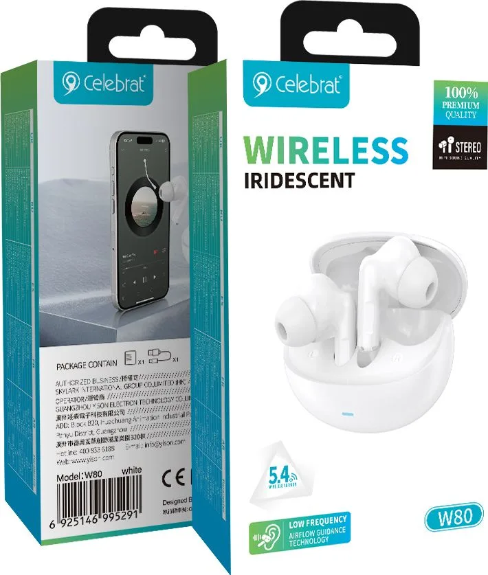 CELEBRAT earphones με θήκη φόρτισης W80, True Wireless, 13mm, 30/230mAh, λευκά — εικόνα 7