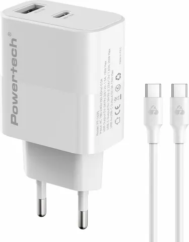 POWERTECH φορτιστής τοίχου PT-1635 με καλώδιο, USB/USB-C, 20W, λευκός