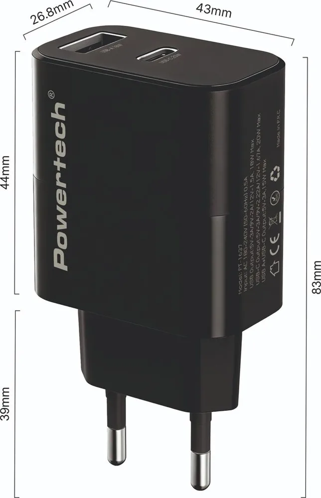 POWERTECH φορτιστής τοίχου PT-1637 με καλώδιο, USB/USB-C, 20W, μαύρος — εικόνα 2