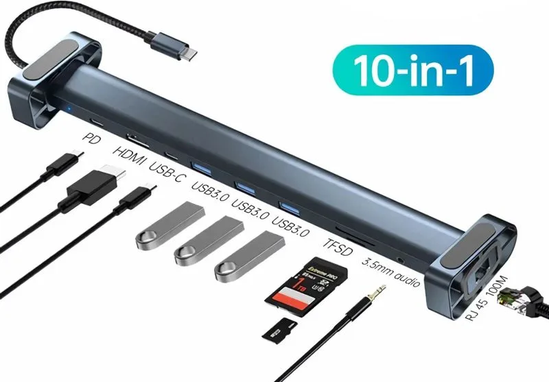 POWERTECH docking station PTR-0152, 10 θυρών, βάση laptop, USB-C, γκρι — εικόνα 3