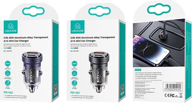 USAMS φορτιστής αυτοκινήτου US-CC175, USB & USB-C, 45W, QC & PD, μαύρος — εικόνα 6